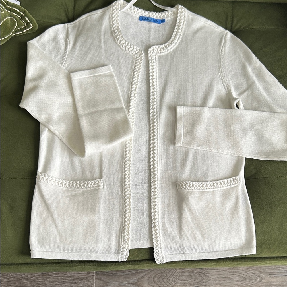 J. McLaughlin Cream Cardigan with Braided Trim